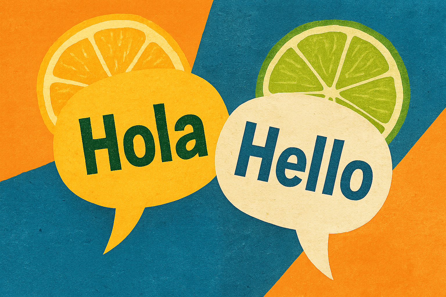 Collage of bilingual chat bubbles with citrus/water textures.