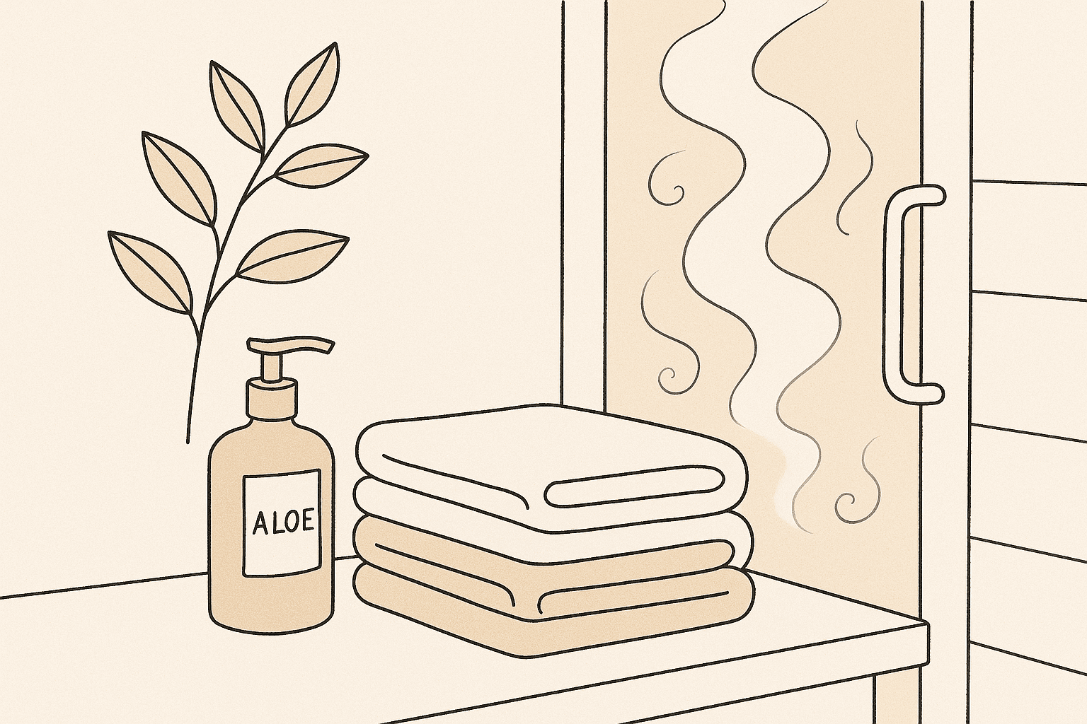Line‑art spa vignette with eucalyptus, aloe, towels, and steam (no people).