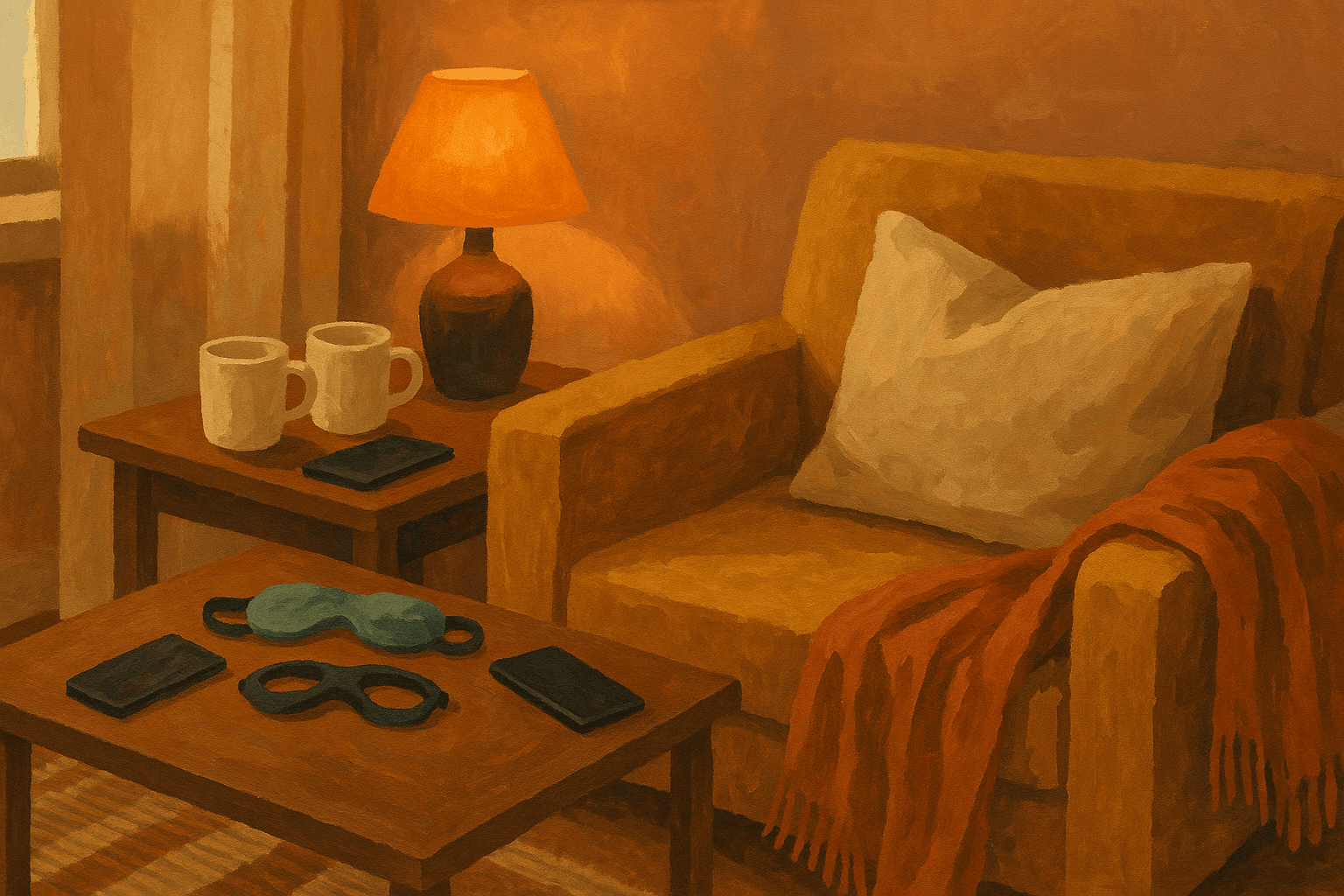 Siesta corner with cooling masks, water, phones face‑down.