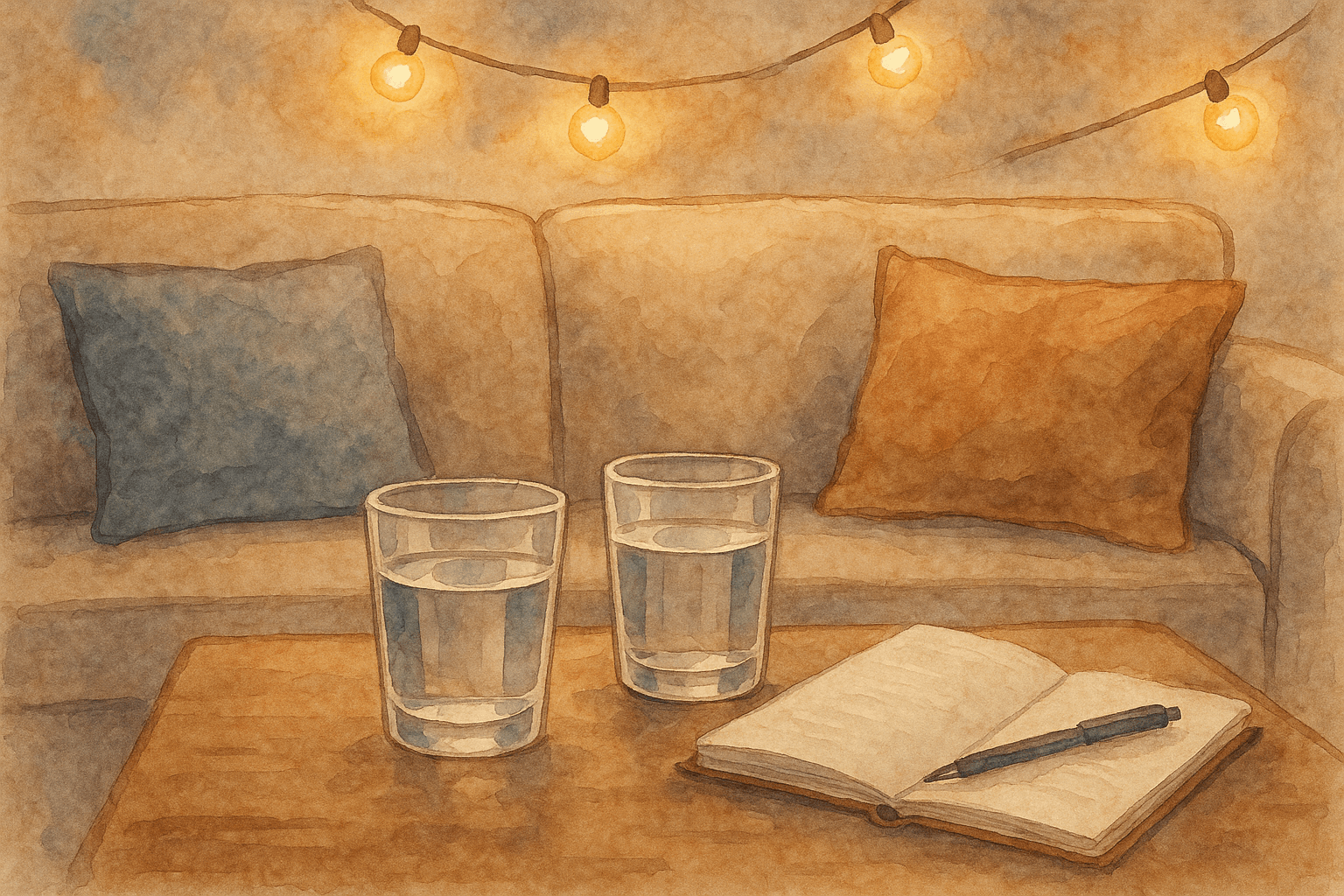 Couch with water glasses and notebook under string lights.