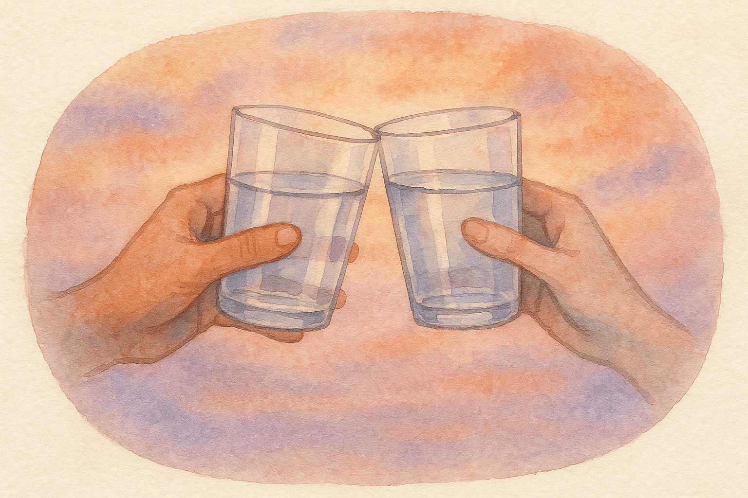 Watercolor of clinking water glasses.