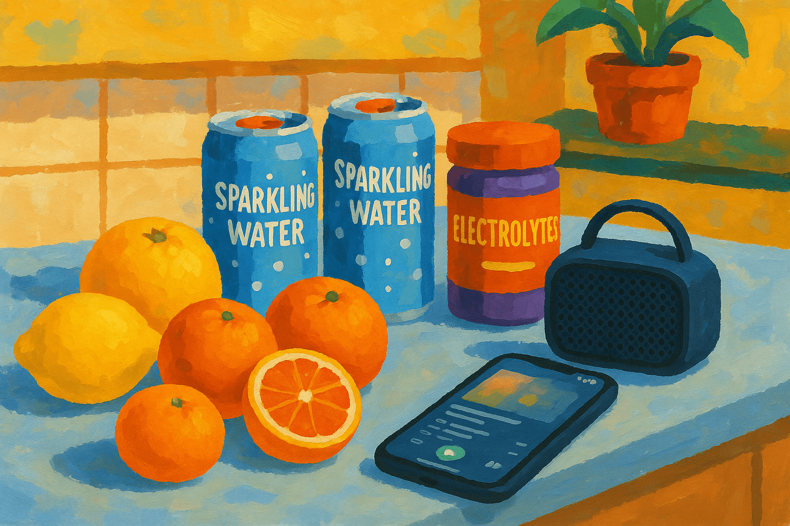 Kitchen counter with citrus, sparkling water, and playlist phone.