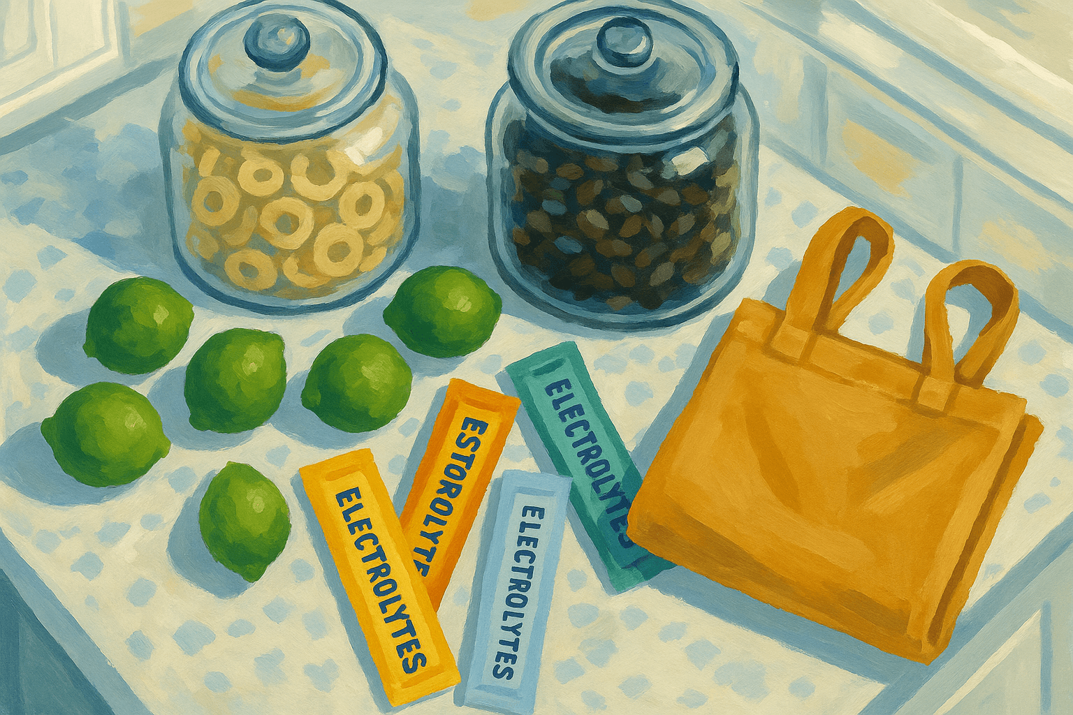 Top‑down pantry restock still life.