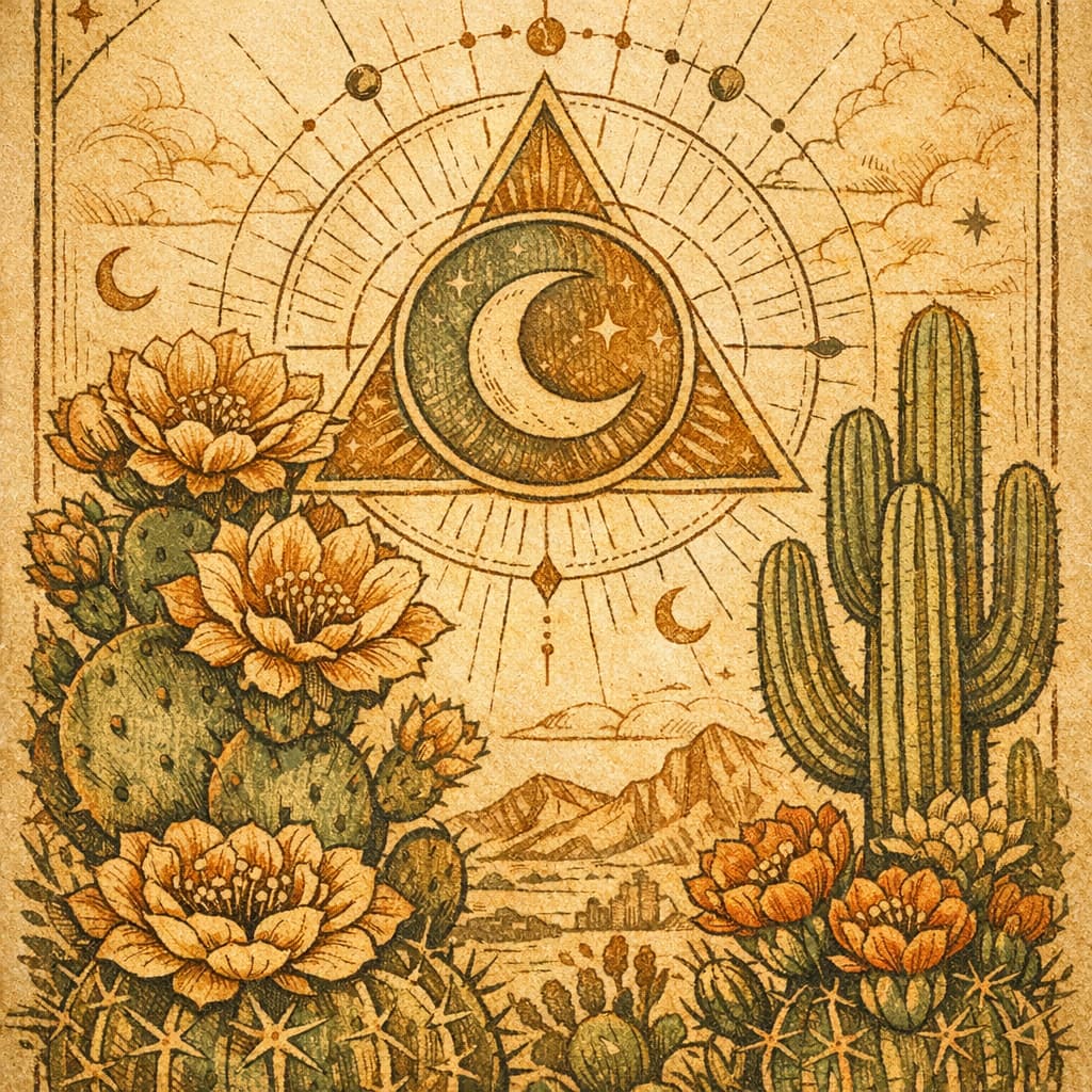 Illustrative image - AI-generated desert botanical motif with cactus blooms.