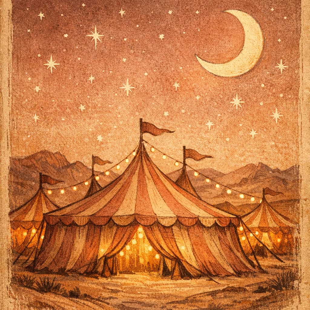 Illustrative image - AI-generated night canopy motif inspired by circus tents.
