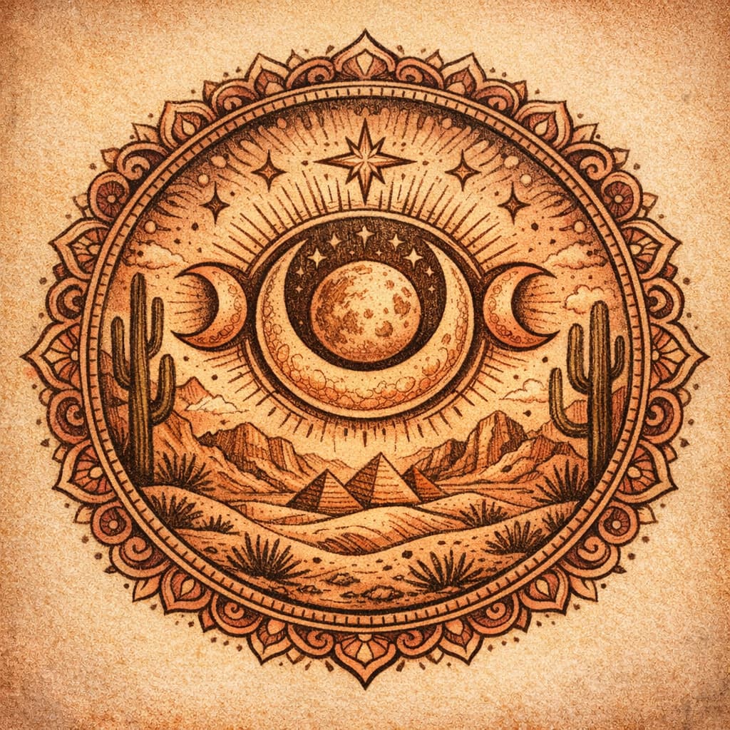 Illustrative image - AI-generated desert-mystic sigil rosette.