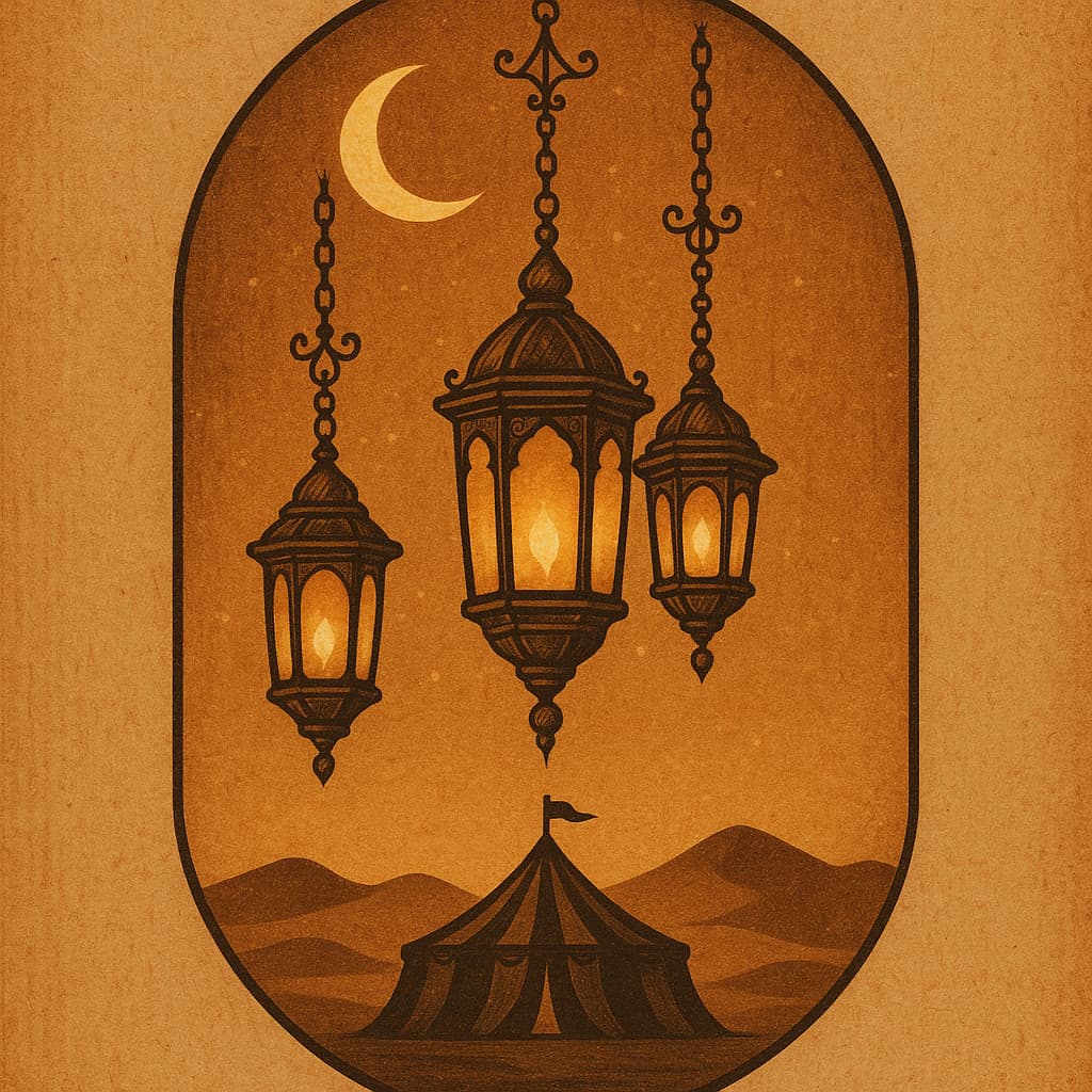 Illustrative image - AI-generated circus lantern and crescent motif.
