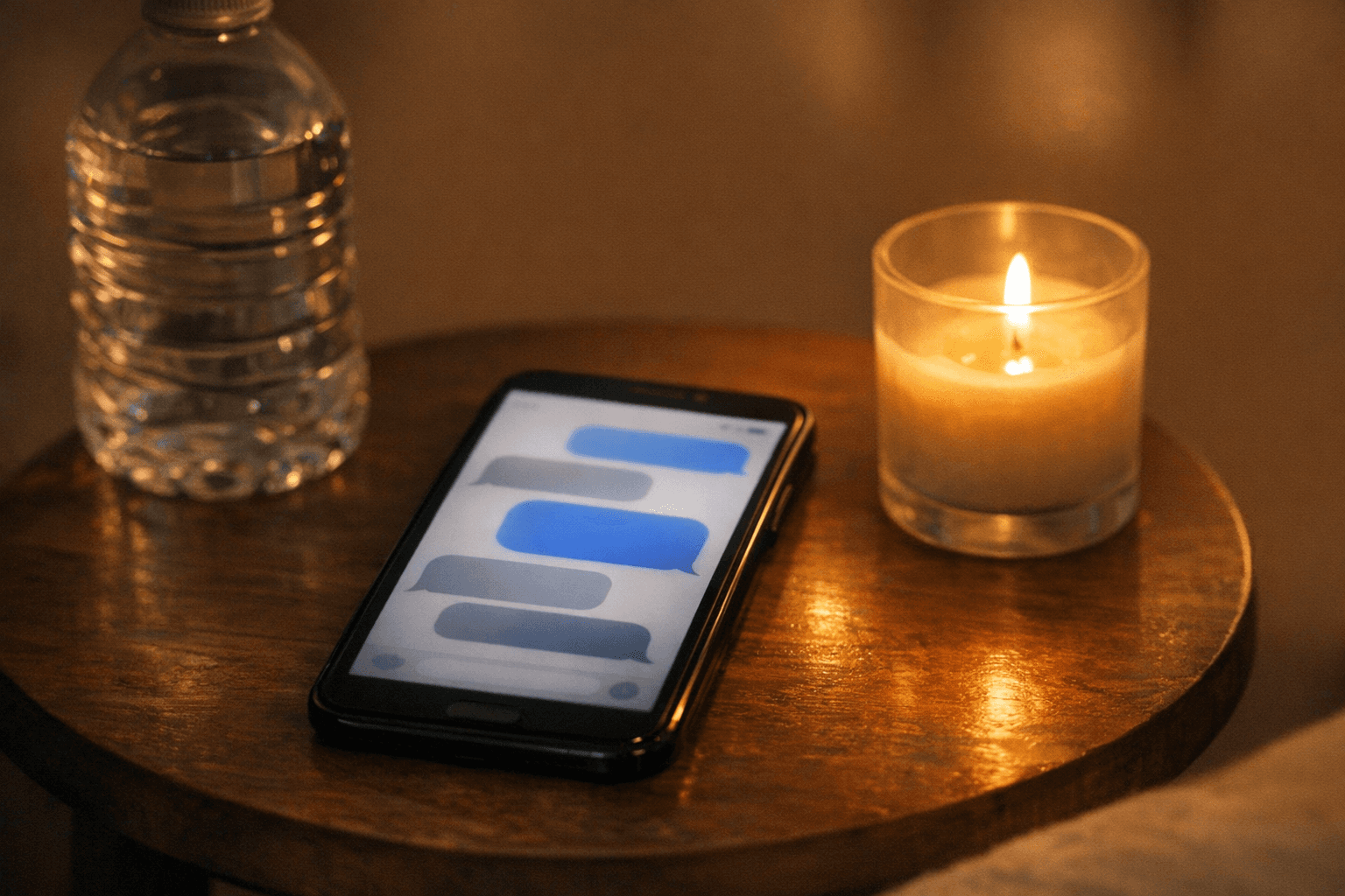 Phone on a table with glowing message bubbles and a water bottle.