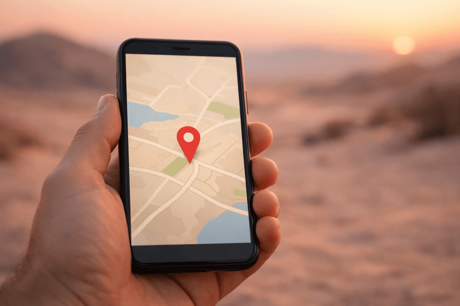 Hand holding a phone with a simple map pin at dusk.