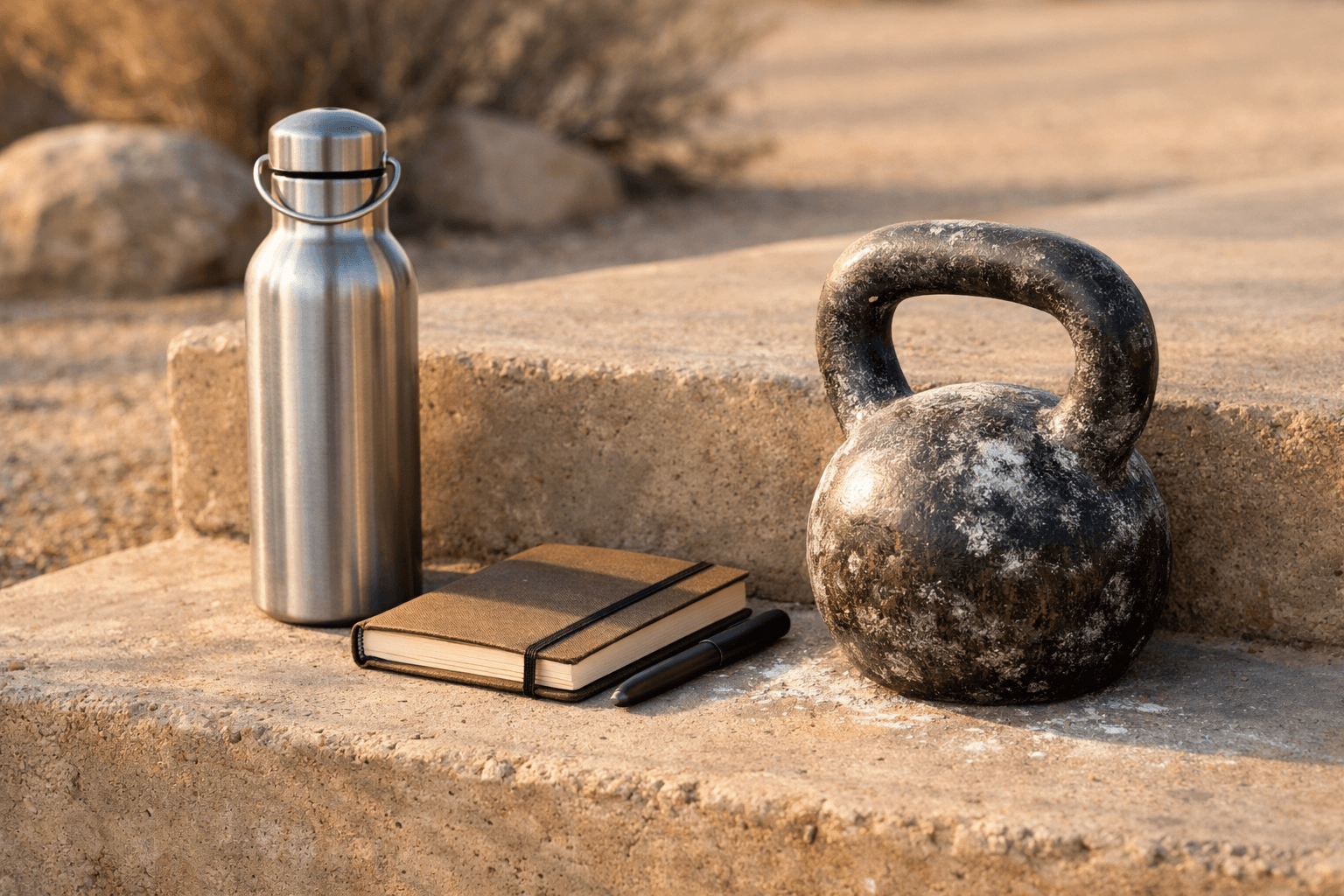 Water bottle, notebook, and kettlebell on a warm concrete step.
