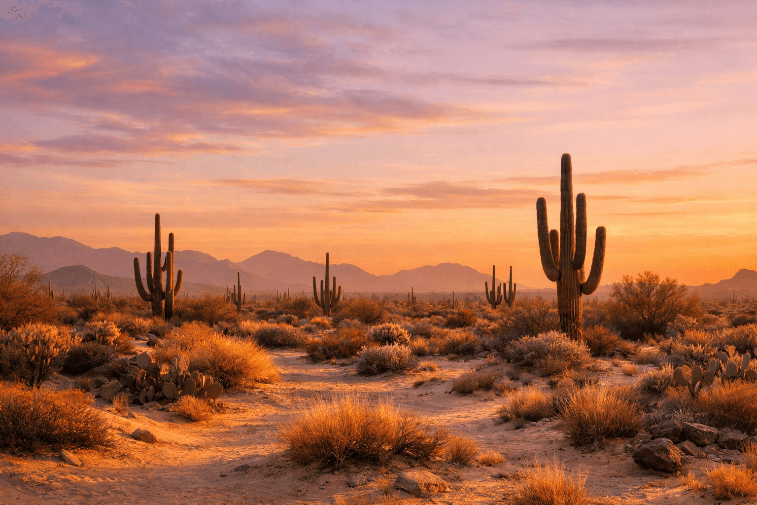 Golden-hour Sonoran desert landscape with soft pastel sky.