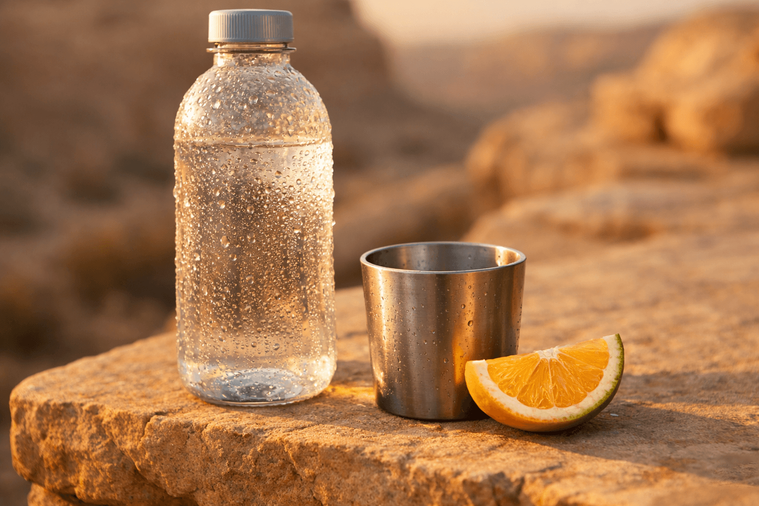 Chilled water bottle and citrus on a sandstone ledge at golden hour.