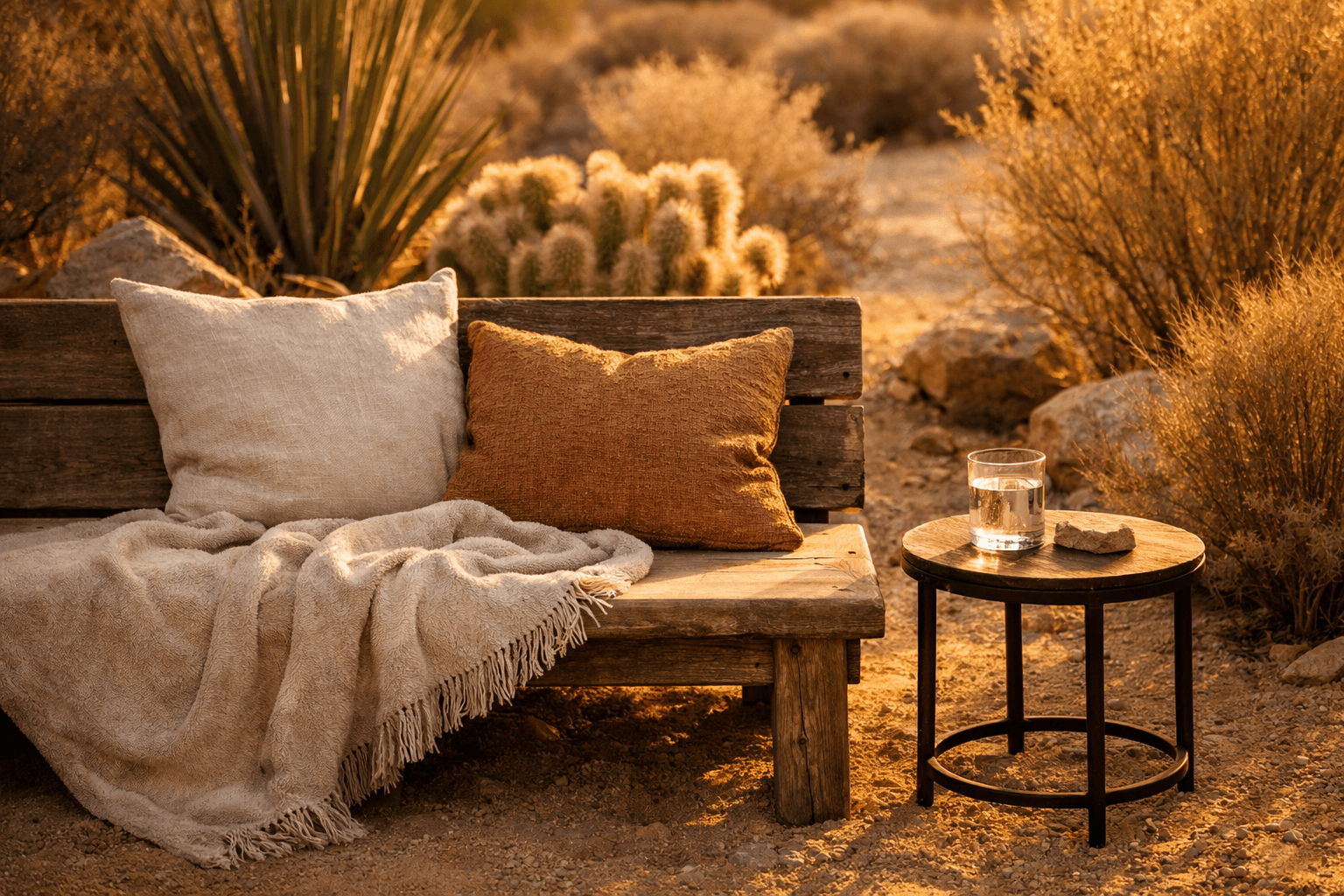 Soft seating vignette with a blanket and water in warm desert light.