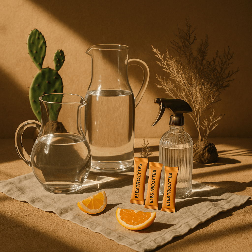 Water bottles and desert light arranged like a small altar.