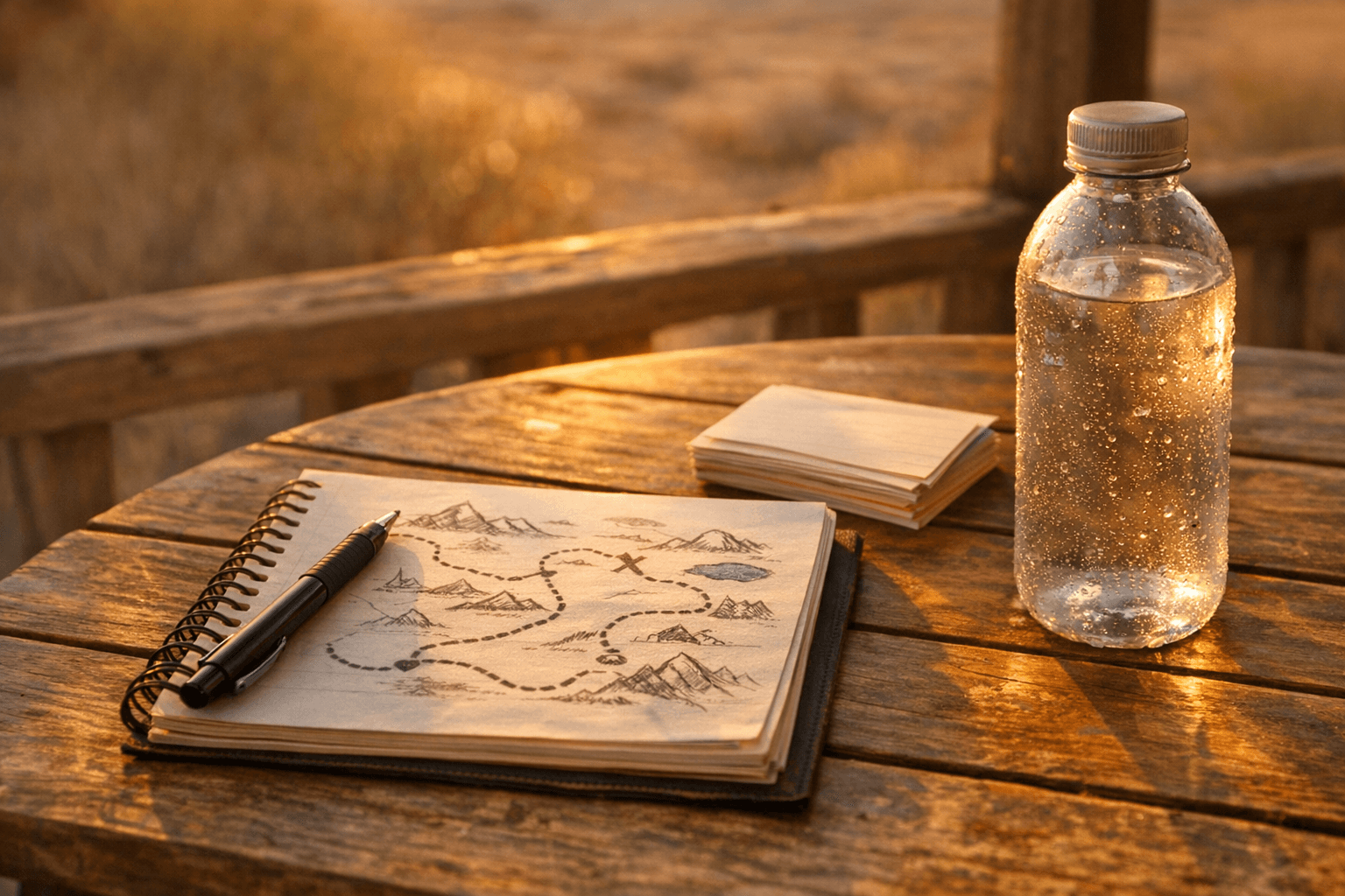 Notebook, pen, and water on a porch table in warm desert light.