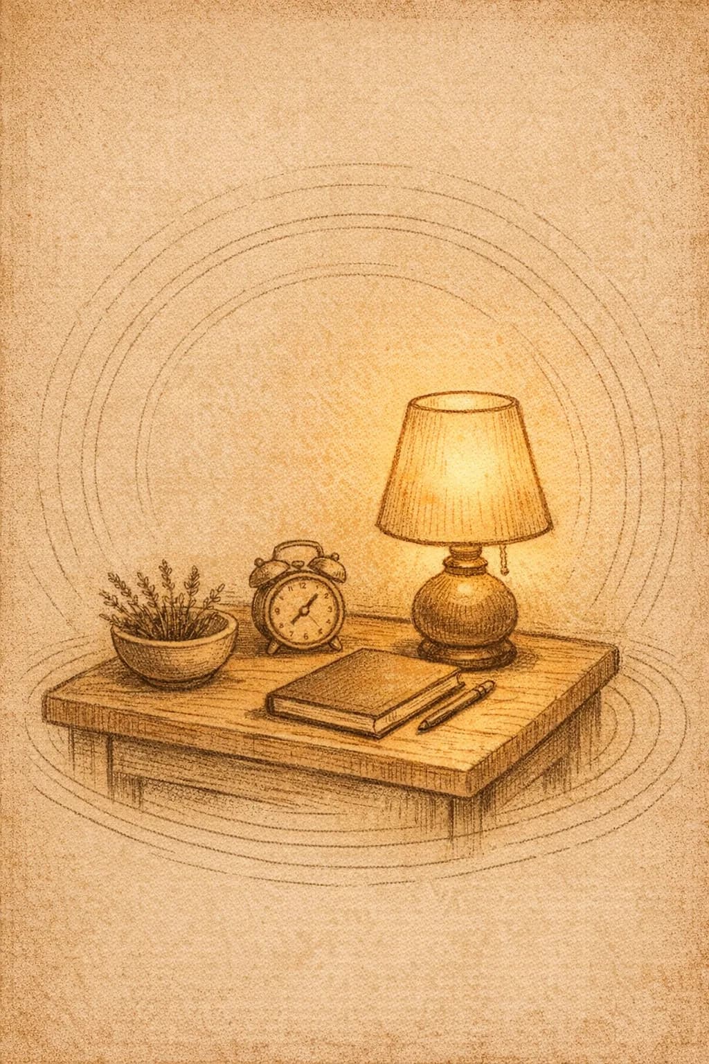 Illustrative pacing vignette with a lamp, small clock, and notebook on a side table.