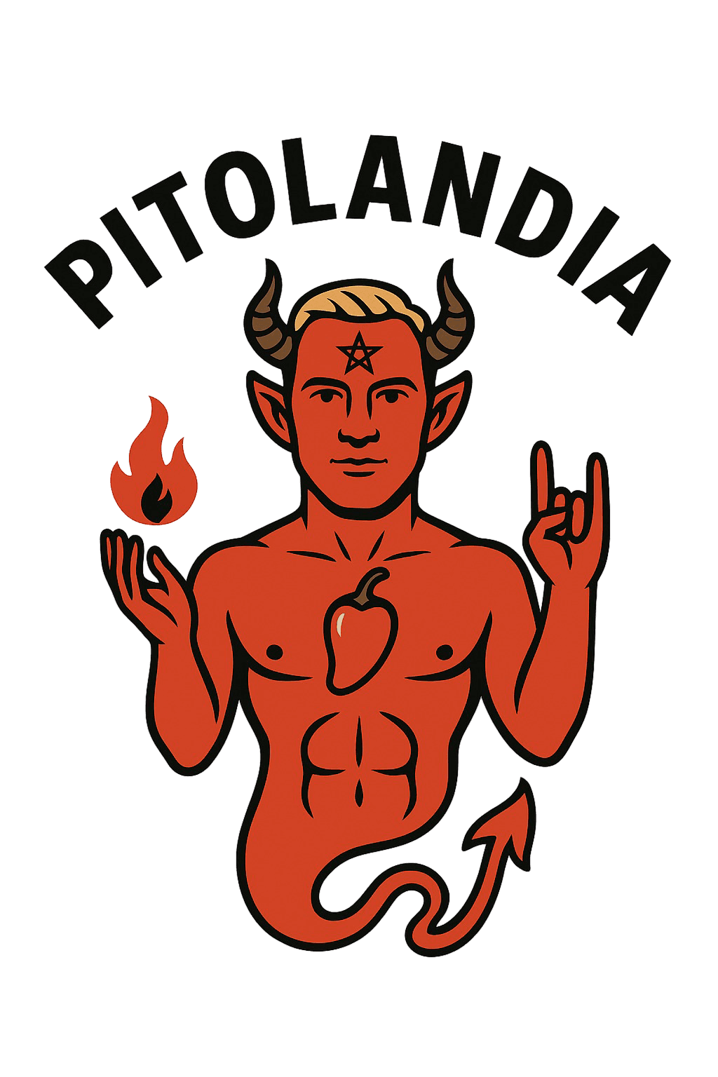 Neon-outlined goat demon character with playful grin.