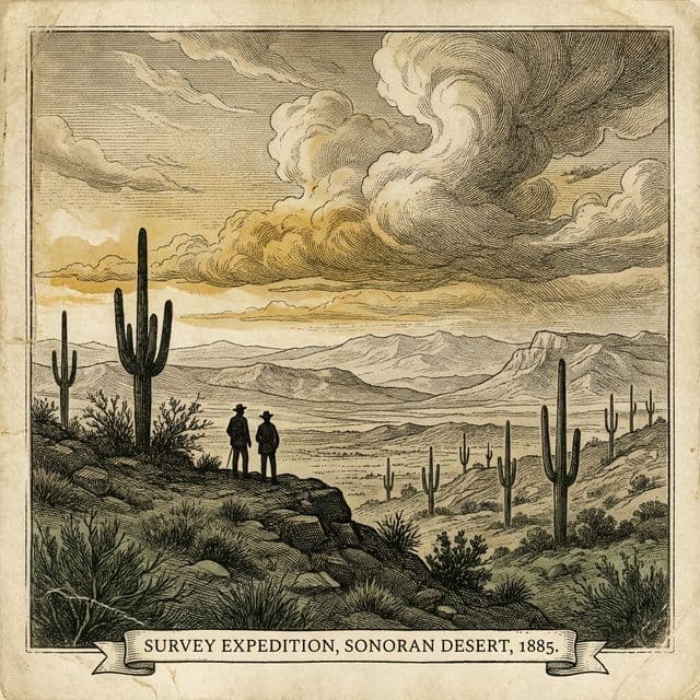 Victorian copperplate engraving of two figures overlooking Sonoran Desert landscape at sunset with saguaro cacti and monsoon clouds.