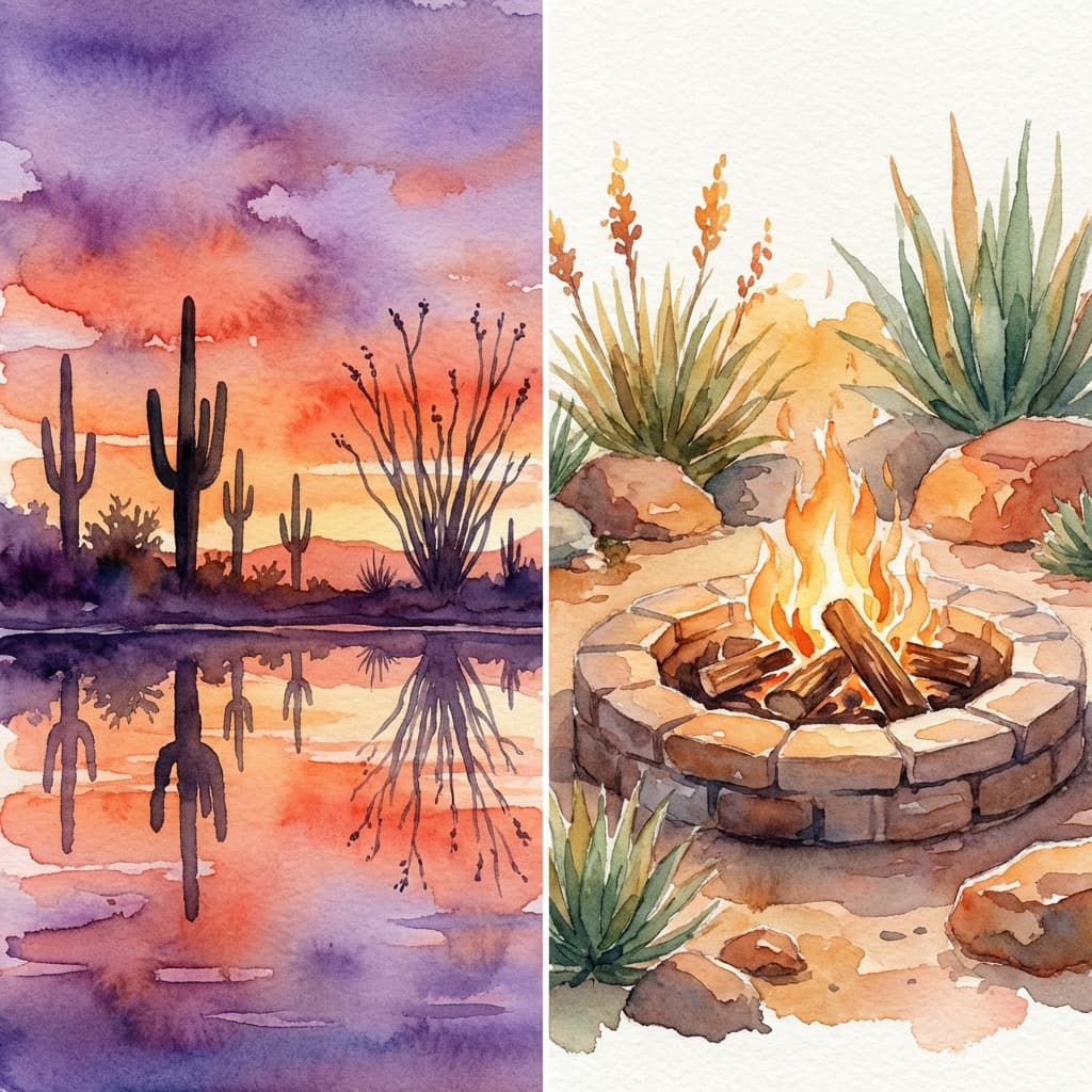 Sunset over a lake at Veterans Oasis Park and a cozy firepit at The Brickyard.