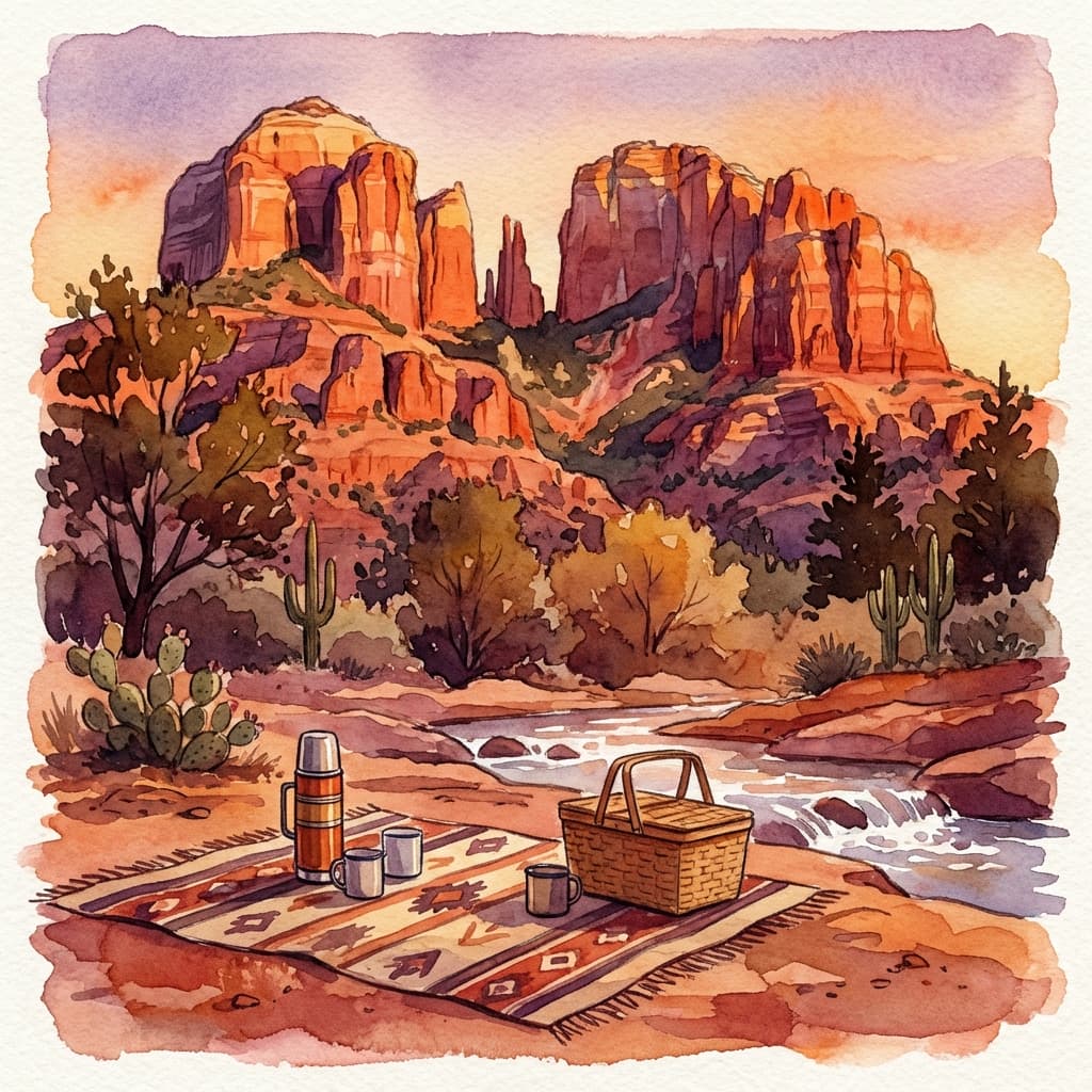 Watercolor illustration: Golden hour on Sedona red rocks with a picnic setup by the creek.