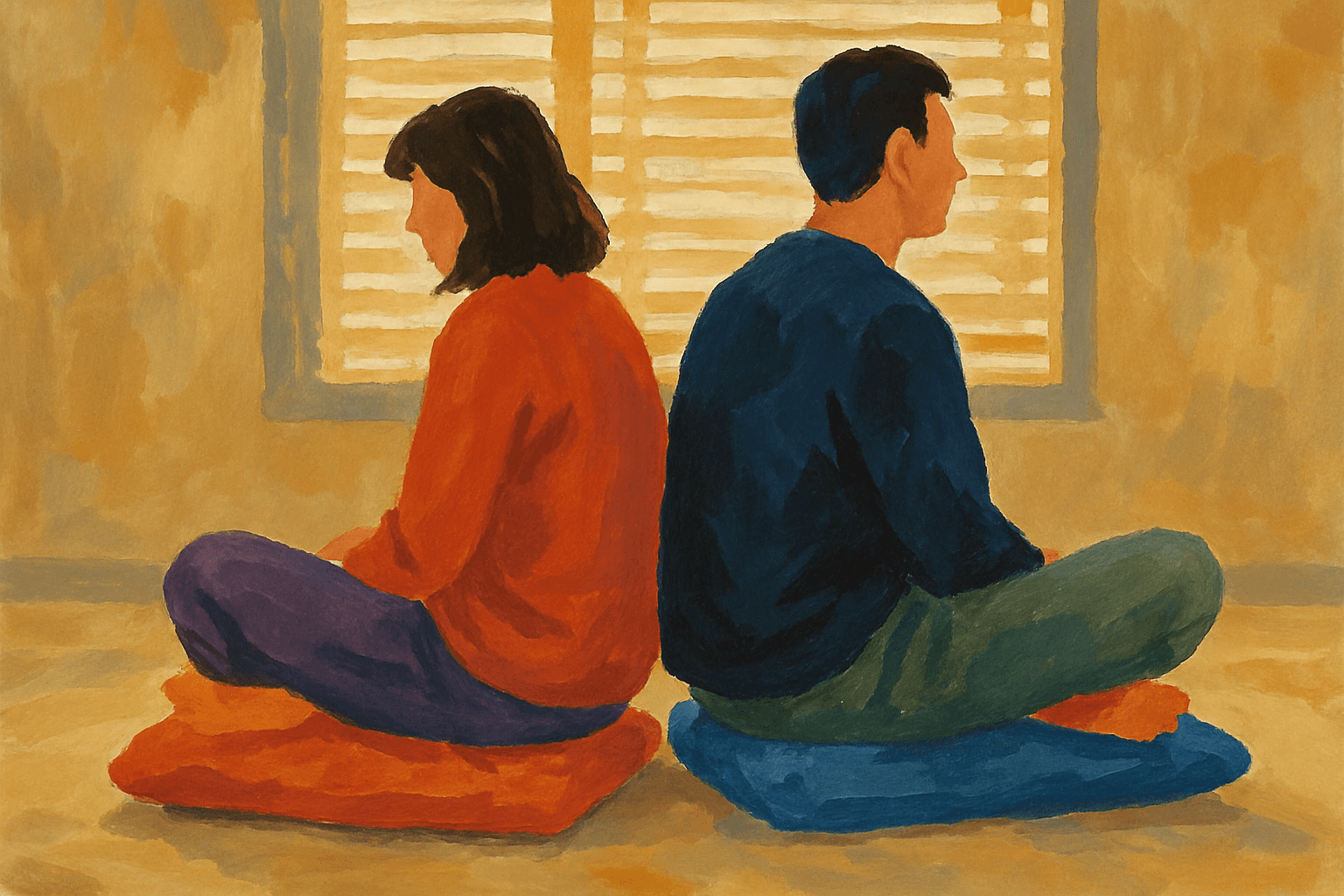 Back‑to‑back seated posture, faces out of frame.