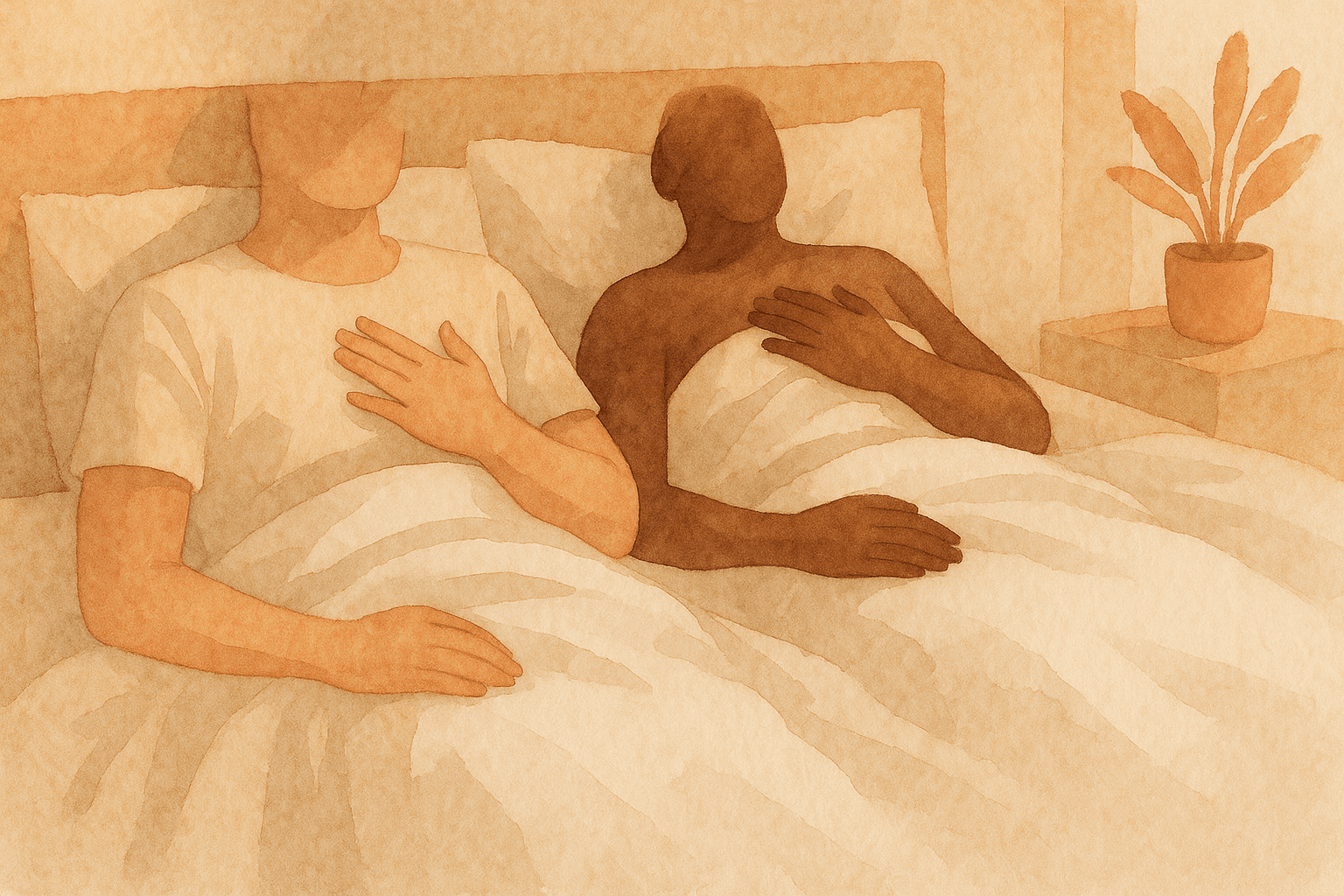 Warm morning bedroom; mindful hands‑over‑heart check‑in (privacy‑first).
