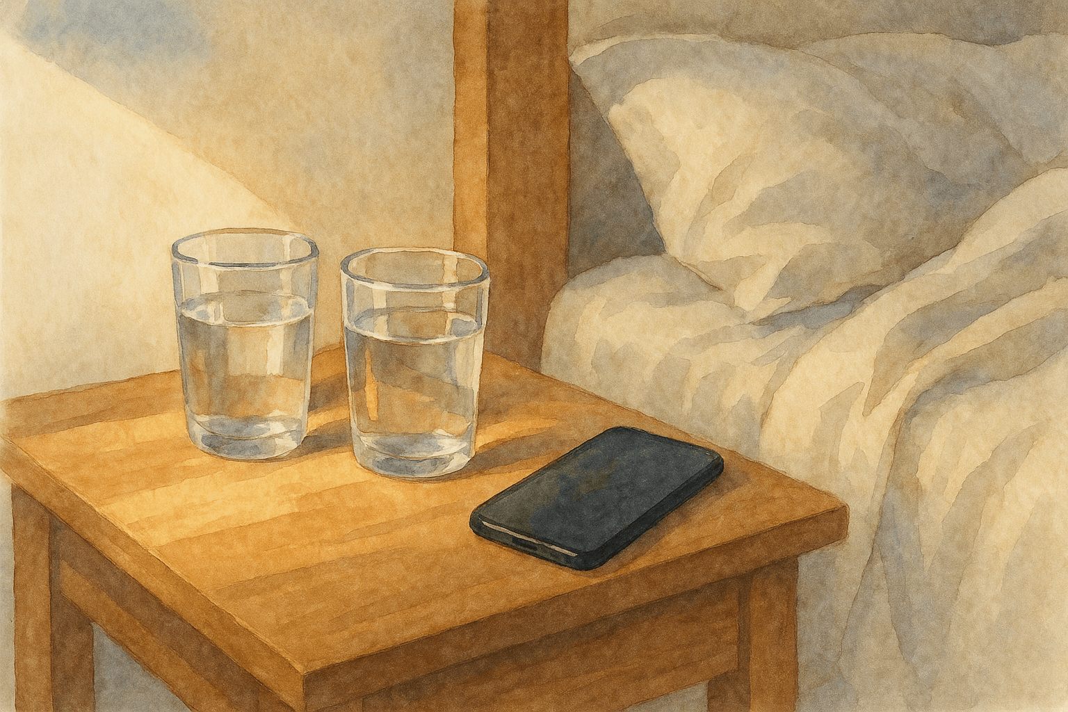 Nightstand with two waters and phone face‑down.