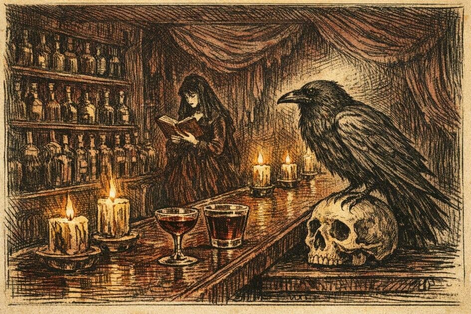 Engraving of a dark theater interior with candles and cocktails.
