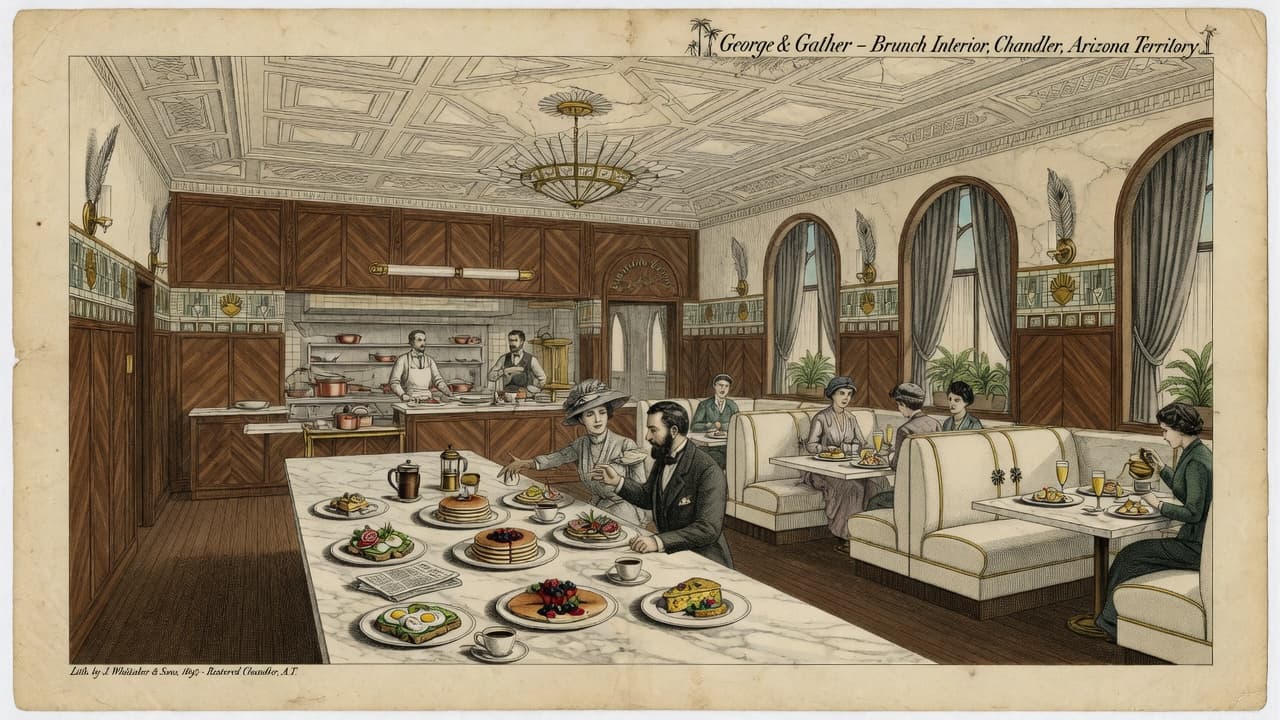 19th-century copperplate engraving style illustration of George & Gather brunch interior in restored Art Deco space.
