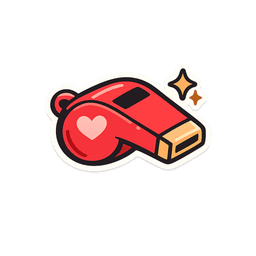 Sticker-style red whistle with a small heart and sparkle.