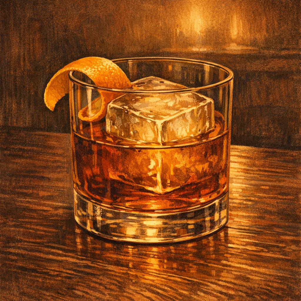 Illustrative old fashioned cocktail.