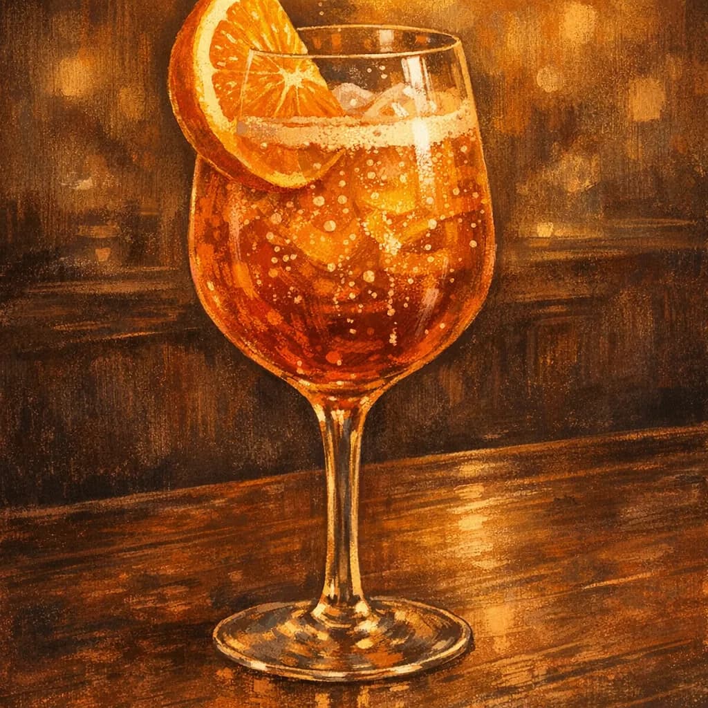 Illustrative Aperol spritz in a wine glass.