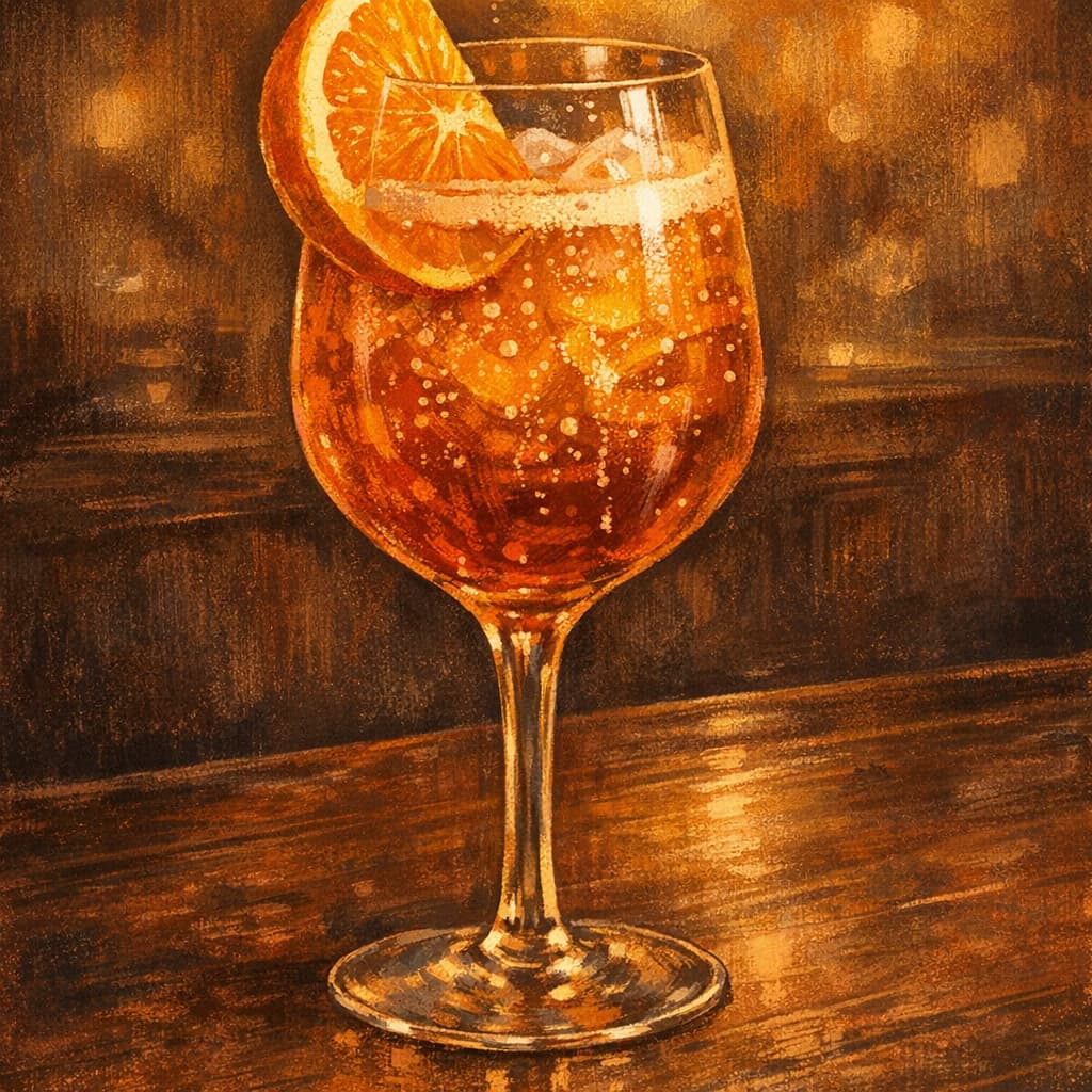Illustrative Aperol spritz in a wine glass.