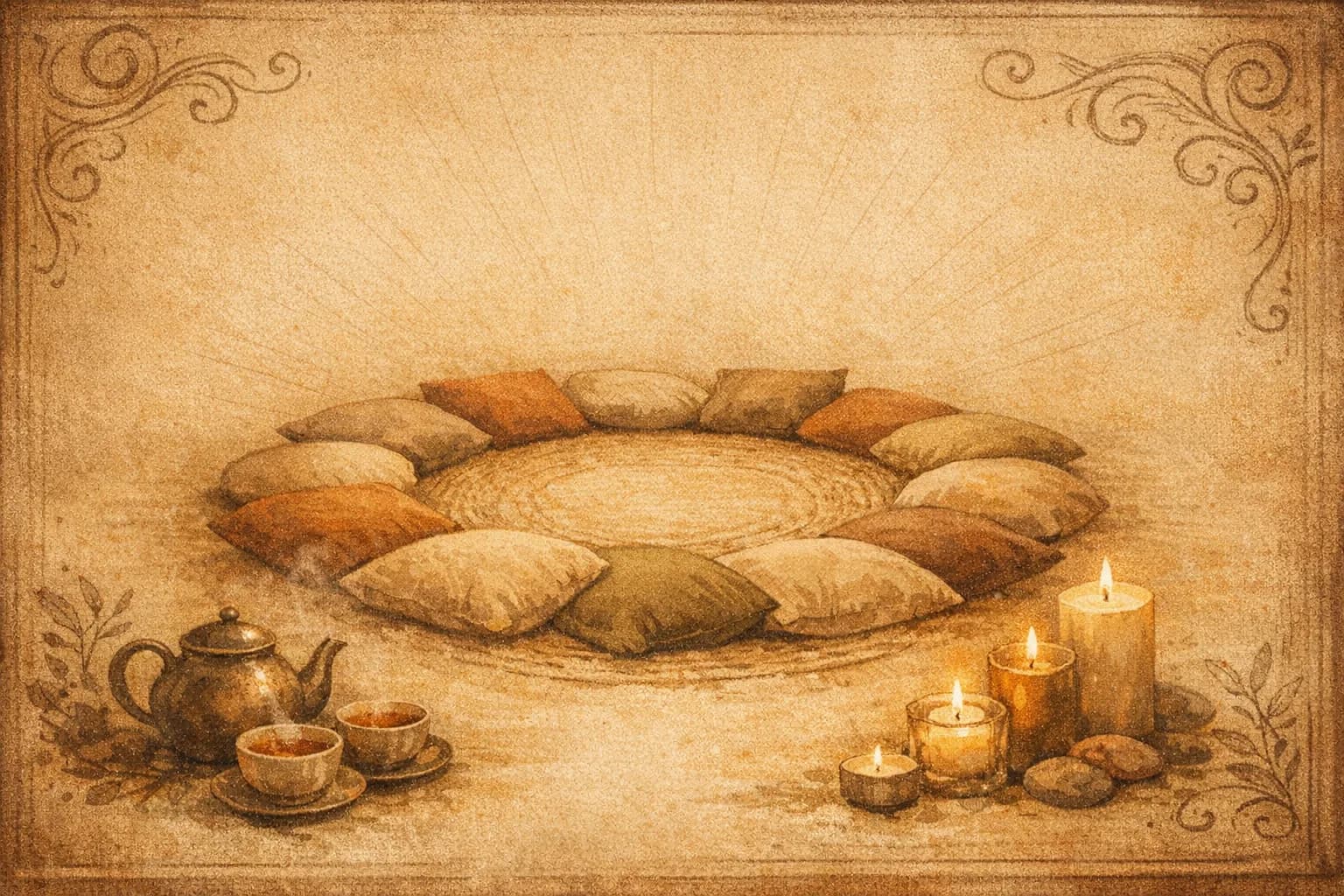 Illustrative hosting circle with cushions, tea cups, and candles in warm sand tones.