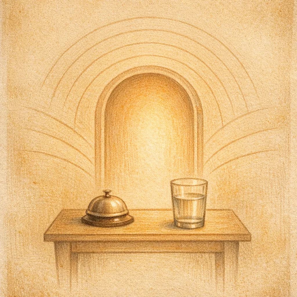 Illustrative entry vignette with arched doorway, small table, bell, and water glass.