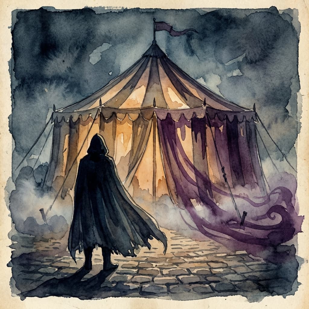 Watercolor illustration: Dark circus tent glowing with spooky amber and purple light, silhouette of a hooded figure.