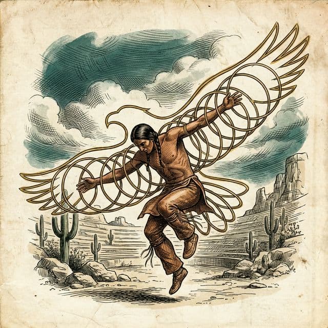 Victorian engraving of a hoop dancer mid-performance, rings forming an eagle silhouette